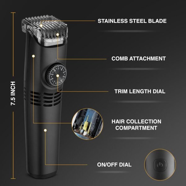 Vacutrim Cordless Mens Beard Trimmer, Rechargeable Electric Shaver with 20 Trim Setting Calibration Dial and Built-in Vacuum for Mustache, Sideburns. Facial Hair, Black, 7.5", As Seen On TV - Image 7