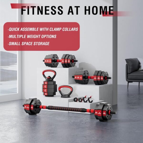 BIERDORF Adjustable Weights Dumbbells Set 50LB/60LB/80LB with 2 Adjustable Kettlebell and 4 Barbell Clips Free Weights Dumbbells Set 4 In 1 Used as Kettlebell Barbell Dumbbell Push Up Bar for Home Gym - Image 8