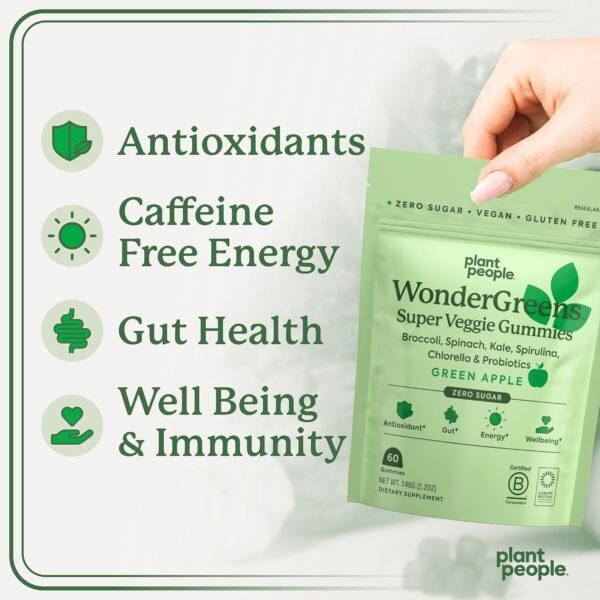 Plant People WonderGreens Veggie Gummies Super Greens with Probiotics Multivitamin Support Gummy for Wellbeing, Energy, Immune and Gut Health, Green Apple Flavor (Trial Size, 10 Count) - Image 5
