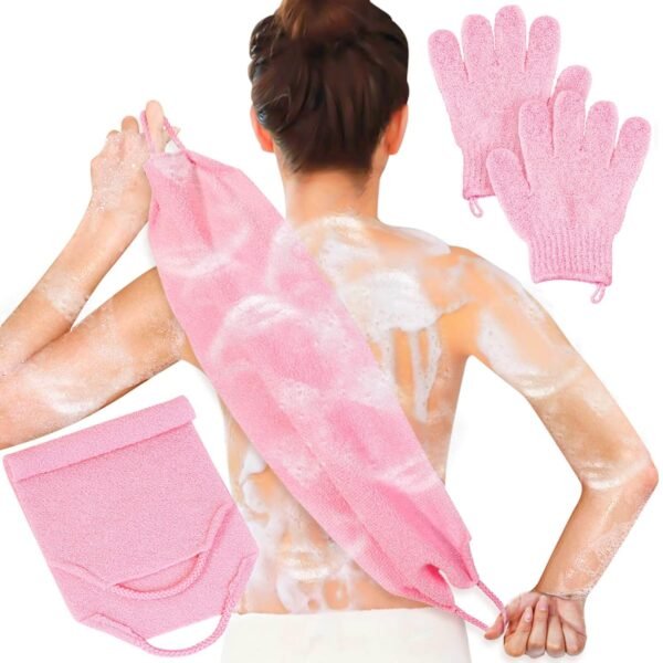 Anezus Exfoliating Shower Bath Gloves Back Scrubber Set for Body, Face, Shower, Bath, Scrub and Exfoliator (Pink) - Image 2