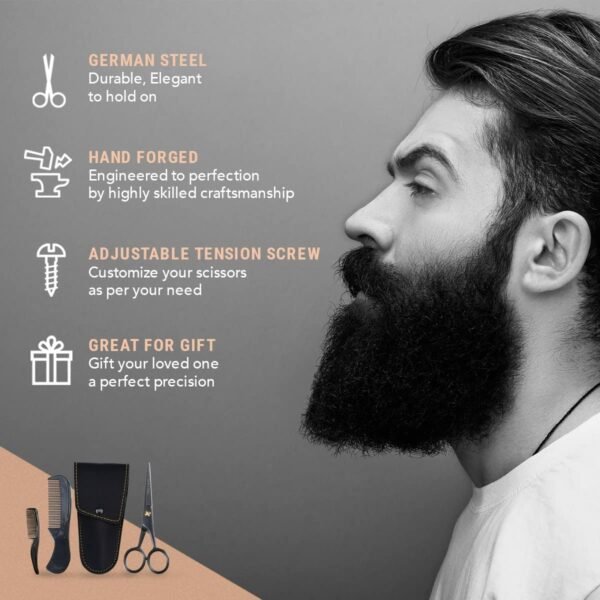 Ontaki 5" Professional German Beard & Mustache Scissors with 2 Comb & Carrying Pouch for Men - Bevel Edge for Precision - Facial Hair Grooming Kit All Body Hair - Black - Beard Trimming Scissors - Image 4