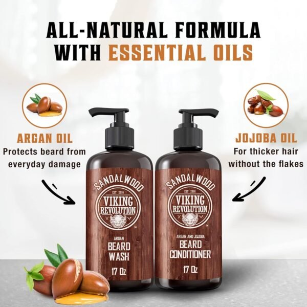 Viking Revolution Beard Wash & Beard Conditioner Set with Argan & Jojoba Oils - Softens and Strengthens - Natural Sandalwood Scent - Beard Shampoo with Beard Oil (17 oz) - Image 6