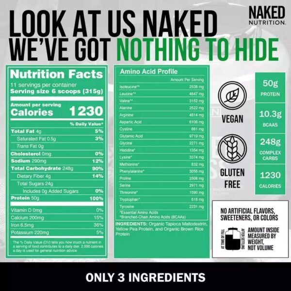 Naked Vegan Mass - Natural Vegan Weight Gainer Protein Powder - 8Lb Bulk, GMO Free, Gluten Free, Soy Free & Dairy Free. No Artificial Ingredients - 1,230 Calories - 11 Servings - Image 5