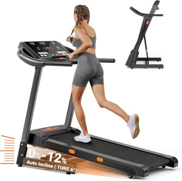 THERUN Incline Treadmill, 0-12% Auto Incline Treadmill for Running and Walking, 300 lbs Weight Capacity Folding Treadmill with Wide Belt,3.0HP,18" LED Screen, 2 Layers Shock-Absorbing - Image 2