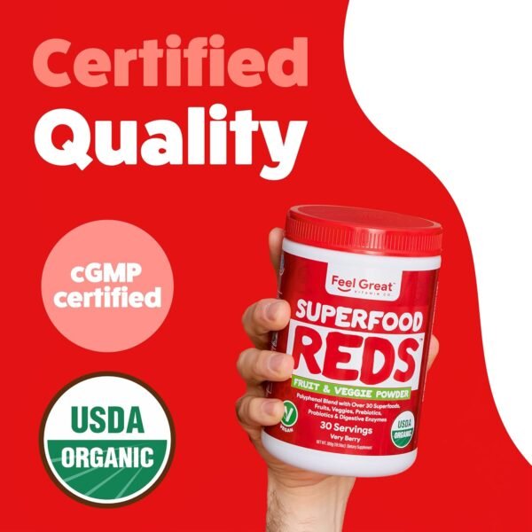​Feel Great Organic Superfood Reds Powder Packed with Beet Root Powder | Digestive Support Including Bloating Relief | Fruit and Veggie Polyphenols Supplement. - Image 8
