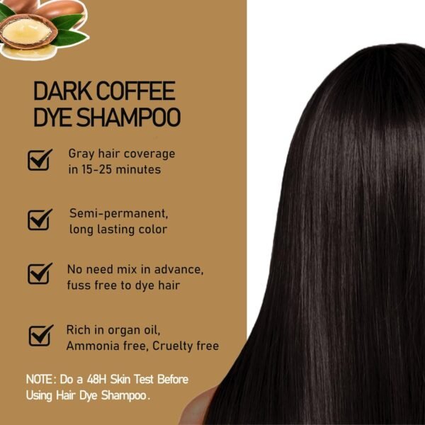 Fvquhvo Dark Coffee Hair Dye Shampoo for Gray Coverage, Argan Oil Instant Hair Color Shampoo, Semi-Permanent Brown Hair Shampoo, Long Lasting Brown Hair Dye (Dark Coffee) - Image 3