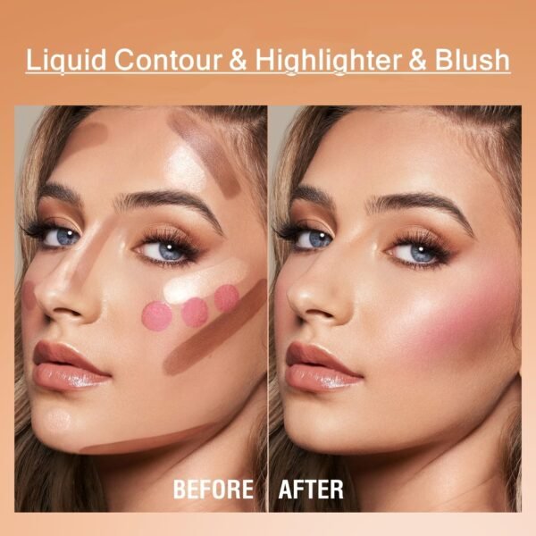 URQT Highly Pigmented Liquid Contour - Built-in Sponge Tip Sculpted Complexion Wand Contour Long Lasting Natural Buildable Highlighters Contour Contouring Bronzer (Contour+Blush+Highlighter) - Image 6