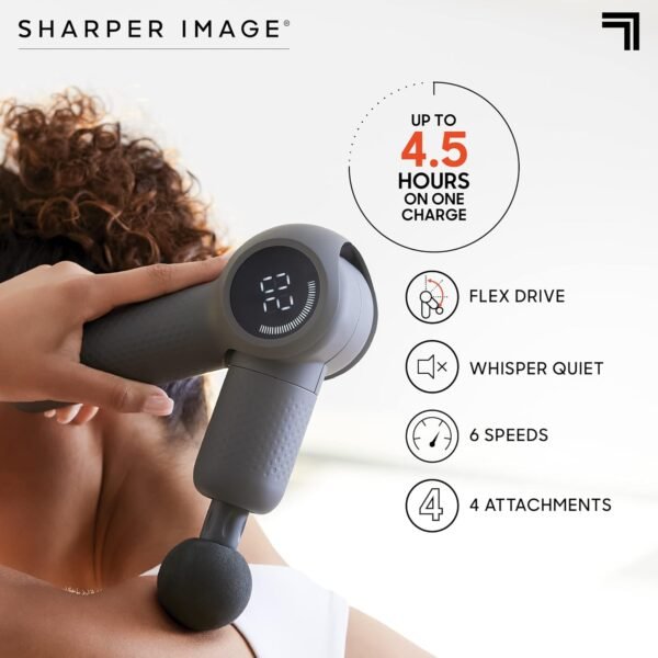 Sharper Image Powerboost Flex Percussion Massager, 120° Pivot Massage Gun, 6 speeds, 4 Attachments, Neck Back & Full Body Massage, Compact Pain Relief, Portable Athlete Muscle Recovery, Gifts for Men - Image 5