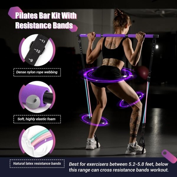 Pilates Bar Kit with Resistance Bands, Multifunctinal Exercise Bar with Ab Roller for Pilates/Abs/Weight Loss, Portable Home Gym Pilates bar kit for Full Body Training Women - Image 4