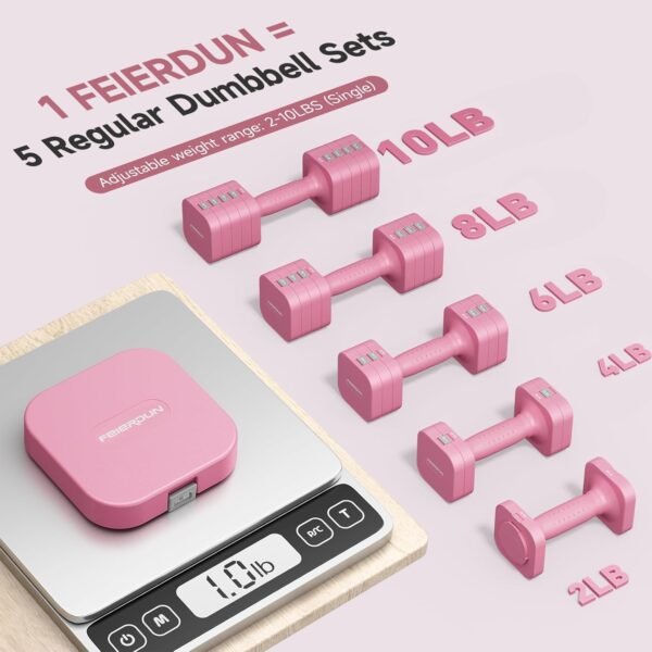 FEIERDUN Adjustable Dumbbell Set of 2, Each 2/4/6/8/10 lbs Weight for Women, Quick Adjust Weight, Double Locking Protection, Versatile Hand Weights for Home Gym & Outdoor Exercise - Image 3
