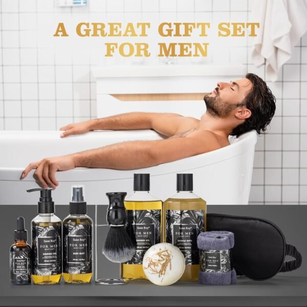 Bath and Body Gift Basket Set Spa Gift Basket Set for Men Fathers Gifts for Him Beard Shaving Kit Men's Beard Kit Brush Men Face Care Perfume Spa Kit for Men with Beard Brush Rack,Gifts for Dad son - Image 6