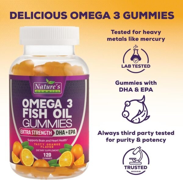 Omega Fish Oil Gummies - Delicious Orange Flavor Fish Oil Omega 3 Supplements with Heart Healthy EPA & DHA Fatty Acids for Heart, Joint & Brain Support - Omega 3 Fish Oil Gummy Vitamins - 120 Gummies - Image 6