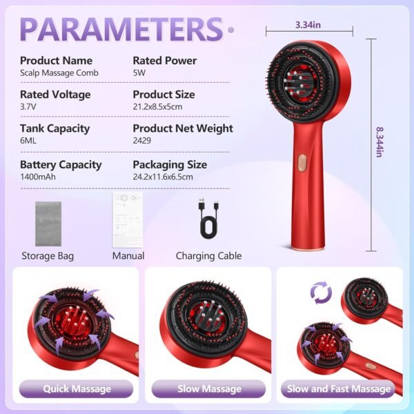 3 in 1 Hair Oil Applicator,Head Massager Scalp,Hair Oil Applicator Scalp Massager,Electric Scalp Massager Brush,ipx7 Waterproof Scalp Oil Applicator,Red - Image 4