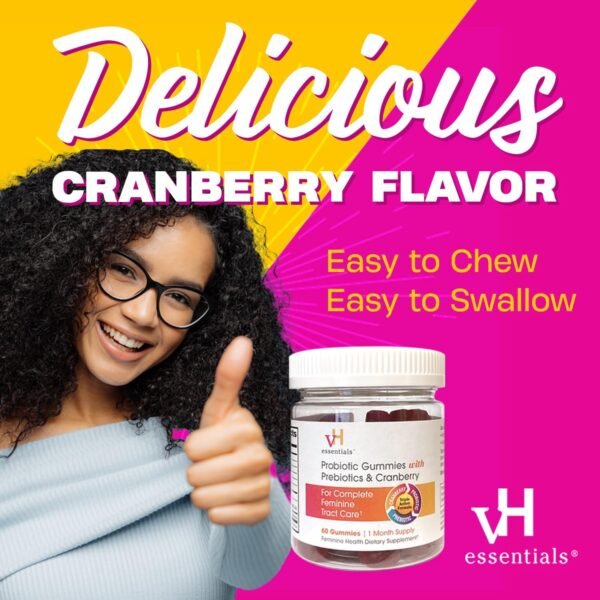 vH essentials Probiotic Gummies with Prebiotics & Cranberry, Concentrated Extract for Urinary Tract Health, Supports Vaginal Microflora Balance for a Healthy Feminine Tract, 60 Count - Image 5