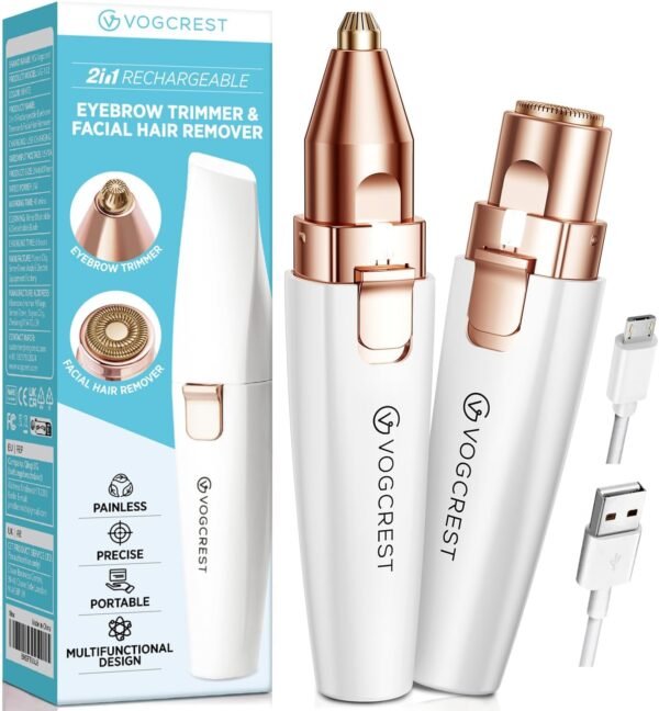 Eyebrow Facial Trimmer: 2 in1 Rechargeable Facial Hair Removal and Eyebrow Shaver - Face Lips Body Painless Facial Razor with Built-in LED Light (White) - Image 2