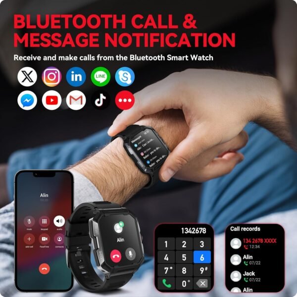Smart Watch for Men(Answer/Make Call),1.85" 400mAh Military Smartwatch IP68 Waterproof Outdoor Fitness Watch with Heart Rate Blood Oxygen Sleep Monitor Compatible with iPhone and Android Phones - Image 4