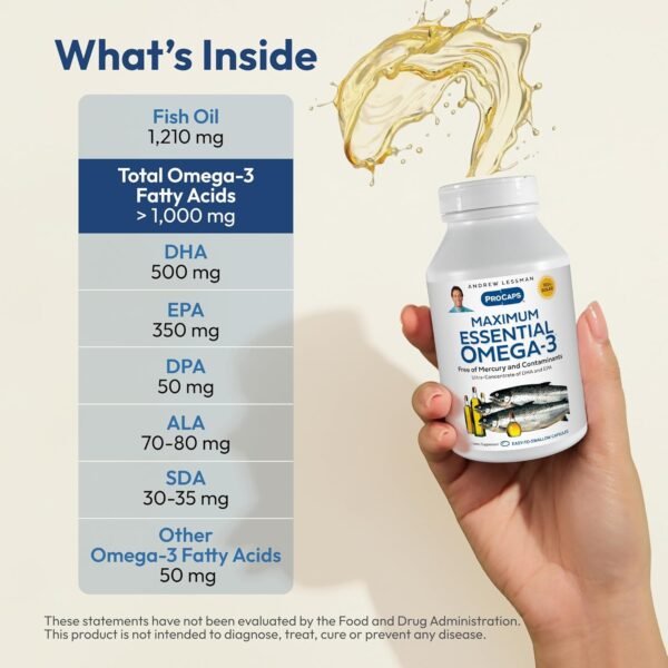 ANDREW LESSMAN Maximum Essential Omega-3 Unflavored, 60 Softgels - Ultra-Pure Omega-3 Fish Oil 1200 mg-High DHA, No Mercury Fish Oil Omega 3 Supplement-Small, Easy to Swallow Fish Oil Capsules - Image 4