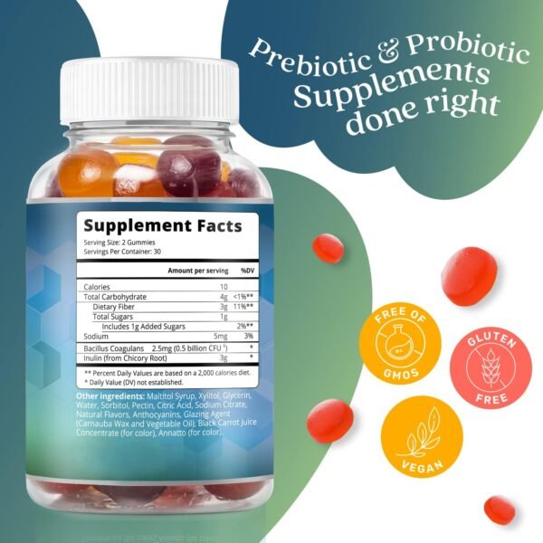 BeLive Synbiotics - Probiotic & Prebiotic Fiber Gummies – High Strength Inulin (3g), Dietary Fiber Supplement, Digestive Support for Kids & Adults - Strawberry, Lemon, Blueberry Flavor (60Ct) - Image 3