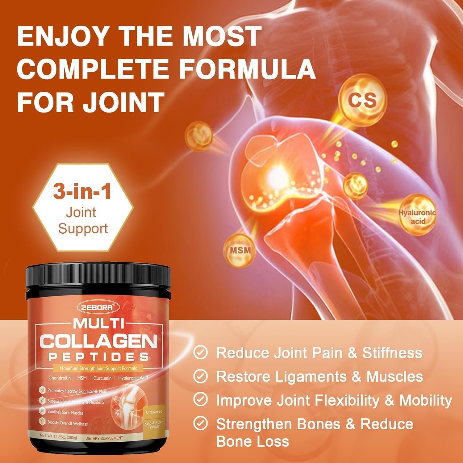ZEBORA Multi-Collagen-Peptides-Powder for Joint Recovery with MSM & CS, Hydrolyzed Collagen Peptides with Hyaluronic Acid & Vitamin C for Women and Men Hair, Skin & Nails Support, Keto Friendly - Image 5