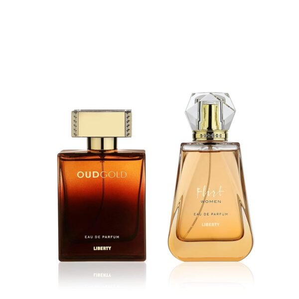 Liberty Luxury Perfume Gift Set - Flirt and OudGold for Men and Women (100ml/3.4Oz each), Eau De Parfum (EDP) Spray, Designed in France, Long Lasting Smell - Image 2