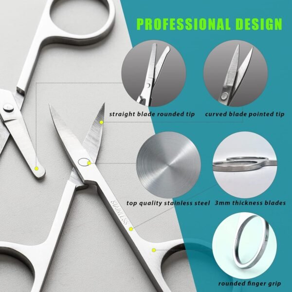 Facial Hair Small Grooming Scissors For Men Women - Eyebrow, Nose Hair, Mustache, Beard, Eyelashes, Ear Trimming Kit - Curved and Rounded Safety Tip Clippers For Hair Cutting - 2PCS Silver - Image 4
