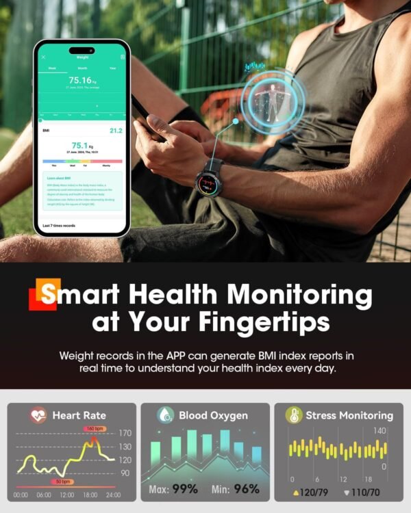 Smart Watches for Men, Bluetooth Call Military Smart Watch, Waterproof Fitness Tracker with Heart Rate/Blood Oxygen/Sleep Monitor/124 Sports Modes, Tactical Watch for Android Phones & iPhone (Black) - Image 3