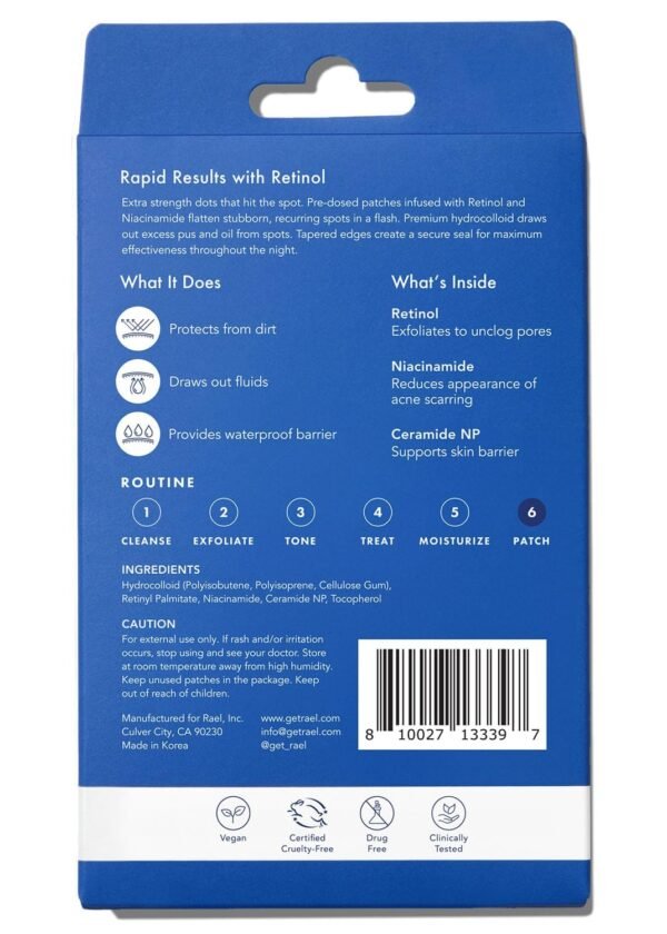 Rael Pimple Patches, Miracle Retinol Spot Cover - Hydrocolloid Acne Patch for Face, Absorbing Zits & Blemishes, PM Advanced Treatment, Facial Sticker (72 Count) - Image 9