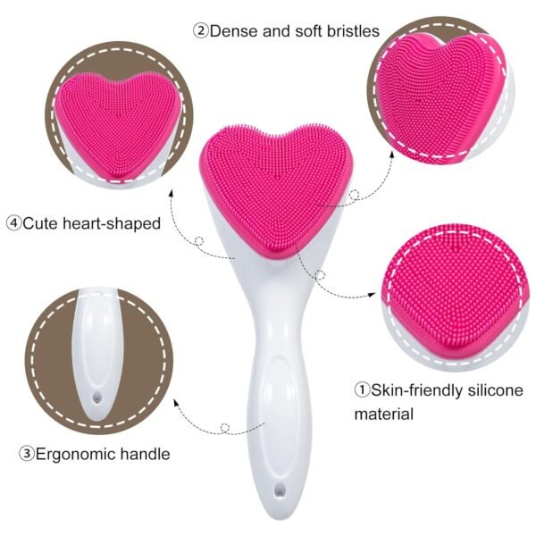Silicone Face Scrubber Exfoliating Brush 2 Pack, Manual Handheld Facial Cleansing Brush Blackhead Scrubber, Soft Bristles Waterproof for Face Skincare (Black Hot-Pink,Heart) - Image 4
