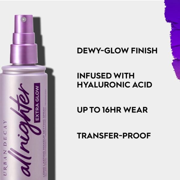 Urban Decay All Nighter Extra Glow Dewy Makeup Setting Spray for Face, Transfer-proof, Long-lasting 16 HR Wear, Hyaluronic Acid & Agave Extract, Radiant Finish, Oil-free, Paraben-free, Vegan - 4 fl oz - Image 5