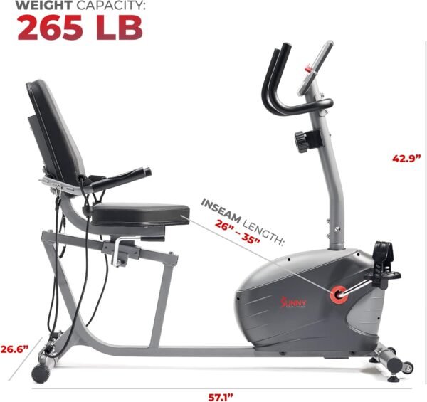 Sunny Health & Fitness Smart Indoor Recumbent Bike Trainer, Home Full Body Workout & Cardio Cycling Machine for Seniors, Free SunnyFit Bluetooth Connect, Optional Arm Exerciser Hand Cycle & Bands - Image 8