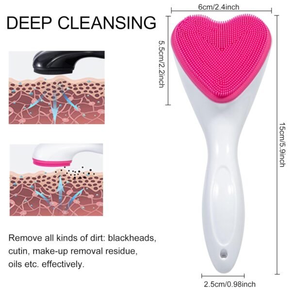 Silicone Face Scrubber Exfoliating Brush 2 Pack, Manual Handheld Facial Cleansing Brush Blackhead Scrubber, Soft Bristles Waterproof for Face Skincare (Black Hot-Pink,Heart) - Image 3