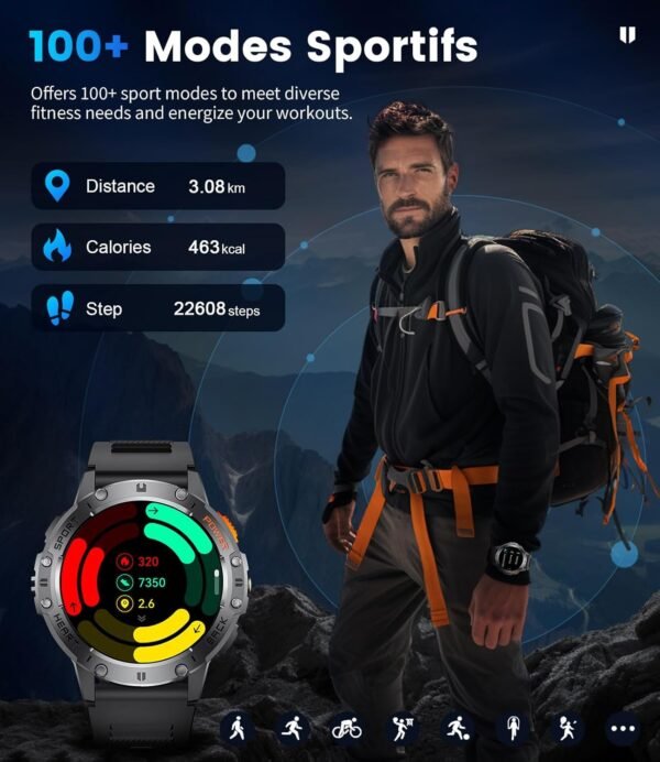 Military Smart Watches for Men(Answer/Make Calls) with LED Flashlight,530mAh Large Battery,1.43’’ AMOLED Fitness Tracker Heart Rate/SpO2/Sleep Monitor 5ATM Smartwatch for Android iOS,100+Sport Modes - Image 8