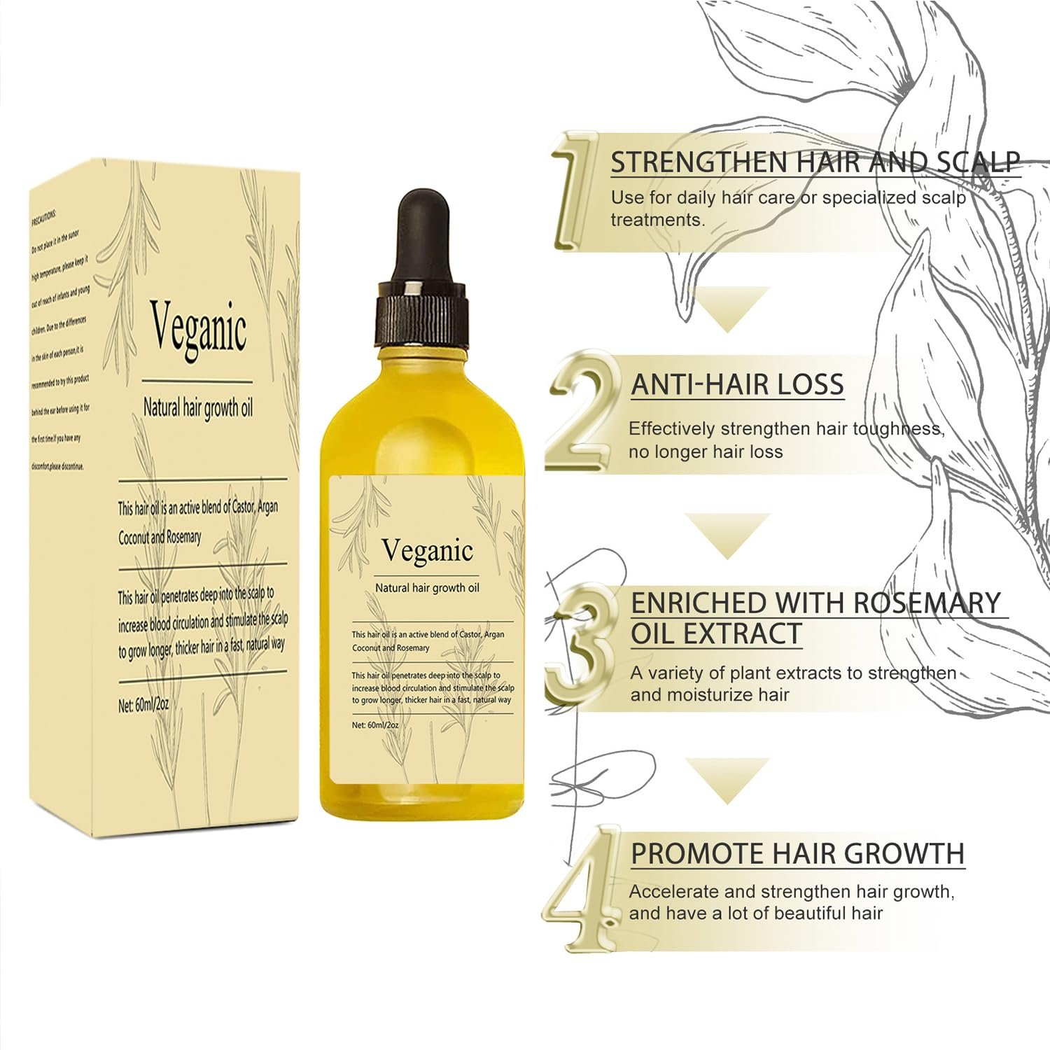 Veganic Natural Hair Growth Oil, 2 PCS Veganic hair growth oil Rosemary Oil for Hair Growth Organic,Vegan Hair Oil for Dry Damaged Hair and Growth - Image 3