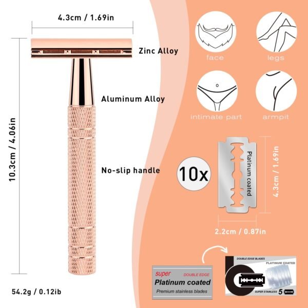 Rose Gold Safety Razor Kit, Includes 1 Safety Razor with 10 Blades and 1 Razor Blade Bank with 30 Blades - Image 7