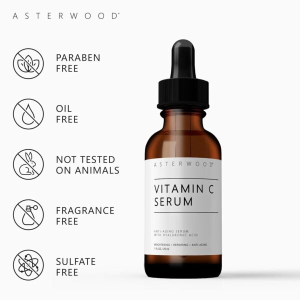 Asterwood Vitamin C Face Serum - with Hyaluronic Acid - Smoothing, Hydrating, Stimulates Collagen Production - Fragrance-Free - 1 Fl Oz - Image 6