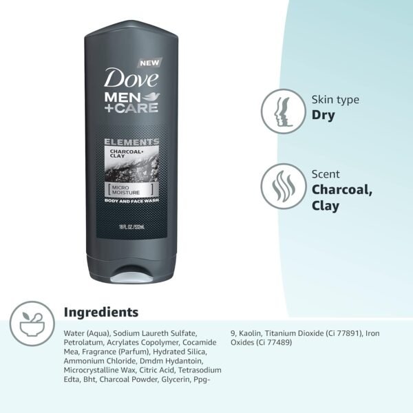 DOVE MEN + CARE Elements Body Wash Charcoal + Clay, Effectively Washes Away Bacteria While Nourishing Your Skin, Gray, 18 Fl Oz (Pack of 2) - Image 10