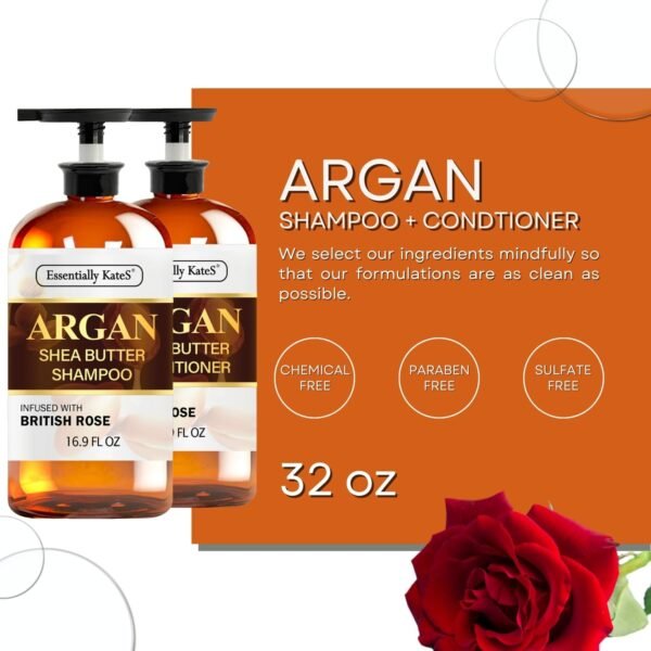 Argan Shea Butter Shampoo and Conditioner Infused with Rose Extract 16 Fl Oz Set, Pack of 2 - Long Lasting Moisturizing Effect - Curly and Wavy Hair - Image 5