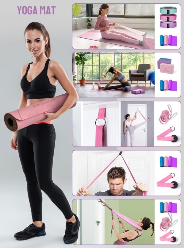 1/3 Yoga Mat Thick, Yoga Set for Beginners Include High Density Yoga Mat with Multi-loops Yoga Strap, Yoga Blocks, Booty Resistance Band Set, Door Anchor, Carring Bag & Strap - Image 3