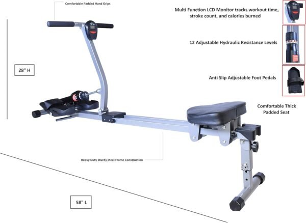 Fitness Rowing Machine X Series HD Foldable Rower for Home Use, with 12 Adjustable Resistance Hydraulic System, LCD Monitor and Comfortable Seat Cushion - Image 3