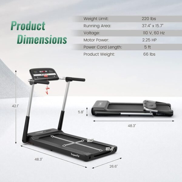 GYMAX Foldable Treadmill, 2.25HP Portable Treadmill with App Control & LED Monitor, Compact Running Walking Jogging Machine for Small Space, Home Gym Workout Fitness Folding Treadmill - Image 8
