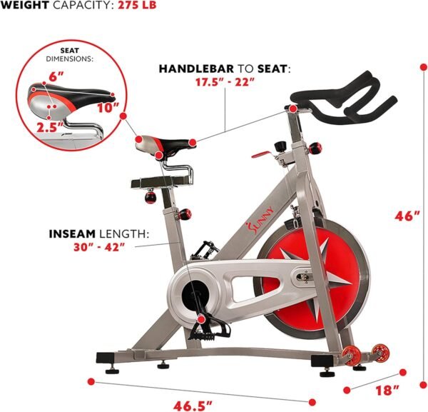 Sunny Health & Fitness Pro Cycling Stationary Bike, 40 LB Flywheel & 4-Way Adjustable Seat for Home Exercise & Indoor Cycle/Cardio Workout, Optional Free SunnyFit App Bluetooth Connection - Image 6