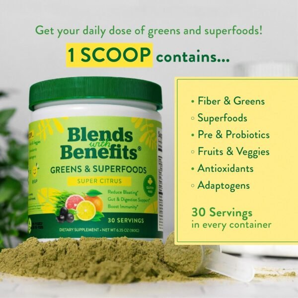 360 Nutrition Blends with Benefits Super Greens Powder w/Probiotics, Digestive Enzymes, Sugar & Gluten Free, Plant Based Superfood Drink Mix for Gut Health, Bloating, Immunity, Overall Health, 6.35 oz - Image 4