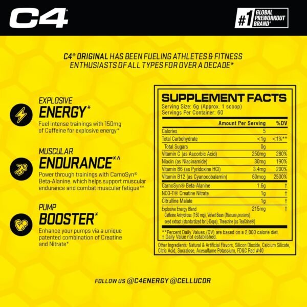 C4 Original Pre Workout Powder Fruit Punch - Vitamin C for Immune Support - Sugar Free Preworkout Energy for Men & Women - 150mg Caffeine + Beta Alanine + Creatine - 60 Servings - Image 4