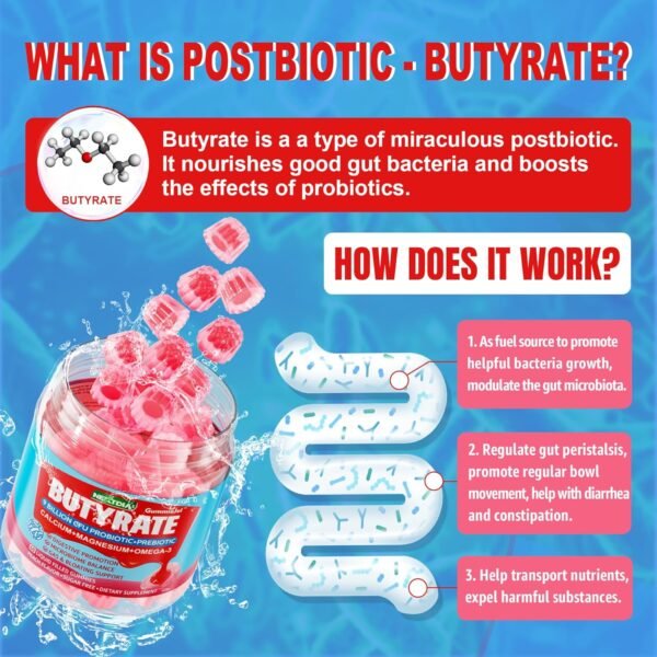 Butyrate Gummies with Probiotic + Prebiotic + Postbiotic, Omega-3 500mg,Fiber with 9 Billion CFU Probiotics, Calcium & Magnesium, Inulin,Psyllium Husk for Digestive Health,Bloating Support,Sugar Free - Image 4