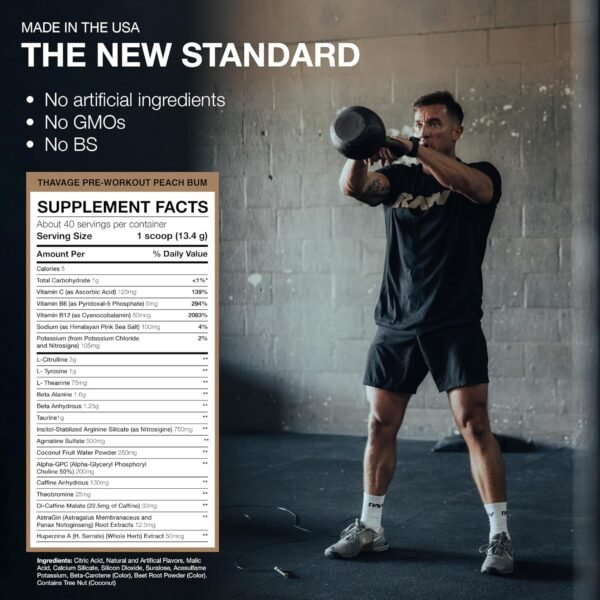 RAW Thavage Pre Workout - Peach Bum Chris Bumstead Pre Workout Formula, Sports Nutrition Pre-Workout Powders Men & Womens Preworkout Drink, Energy Powder for Working Out 40 Servings 1 17.6 Ounce - Image 5