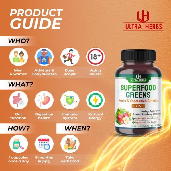 Superfood Greens 18 IN 1 - 18,100mg with Fruits & Vegetables & Herbs -Moringa, Alfalfa, Apple, Spinatch, Banana, Strawberry- Boost Energy, Immunity and Gut Health (150-day supply (pack of 1)) - Image 6
