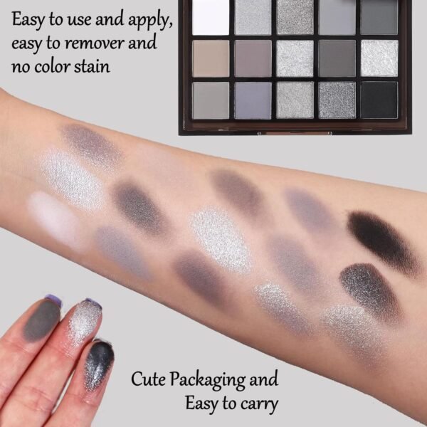 Black Grey Smoky Eyeshadow Palette,15 Colors Matte Shimmer Pigmented Eye Shadow Makeup Palette Set with 3 Eyeshadow Brushes,Glitter Eyeshadow Makeup Palette for Daily Halloween Goth Makeup(A) - Image 7