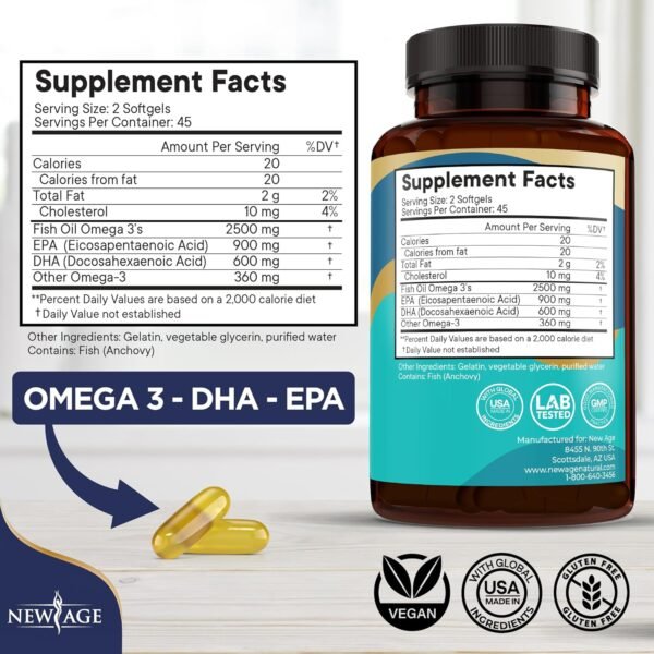 NEW AGE Omega 3 Fish Oil 2500mg Supplement Immune & Helath Support – Promotes Joint, Eye & Skin Health - Non GMO - EPA, DHA Fatty Acids Gluten Free (180 Softgels (Pack of 2)) - Image 5