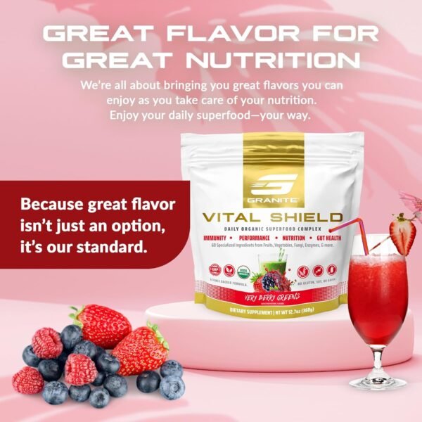 Granite Supplements Vital Shield, Greens Superfood Powder, Very Berry Flavor, Supports Performance, Gut Health, Immunity, & Nutrition (30 Servings) - Image 9