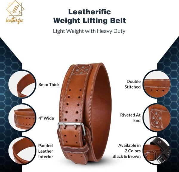 Premium Leather Weight Lifting Belt for Men & Women - 8MM Thick, 4" Wide, Heavy Duty Gym Belt with Steel Buckle for Weightlifting, Powerlifting, Strength Training, Squat or Deadlift Workout, Lower Back Support - Image 9